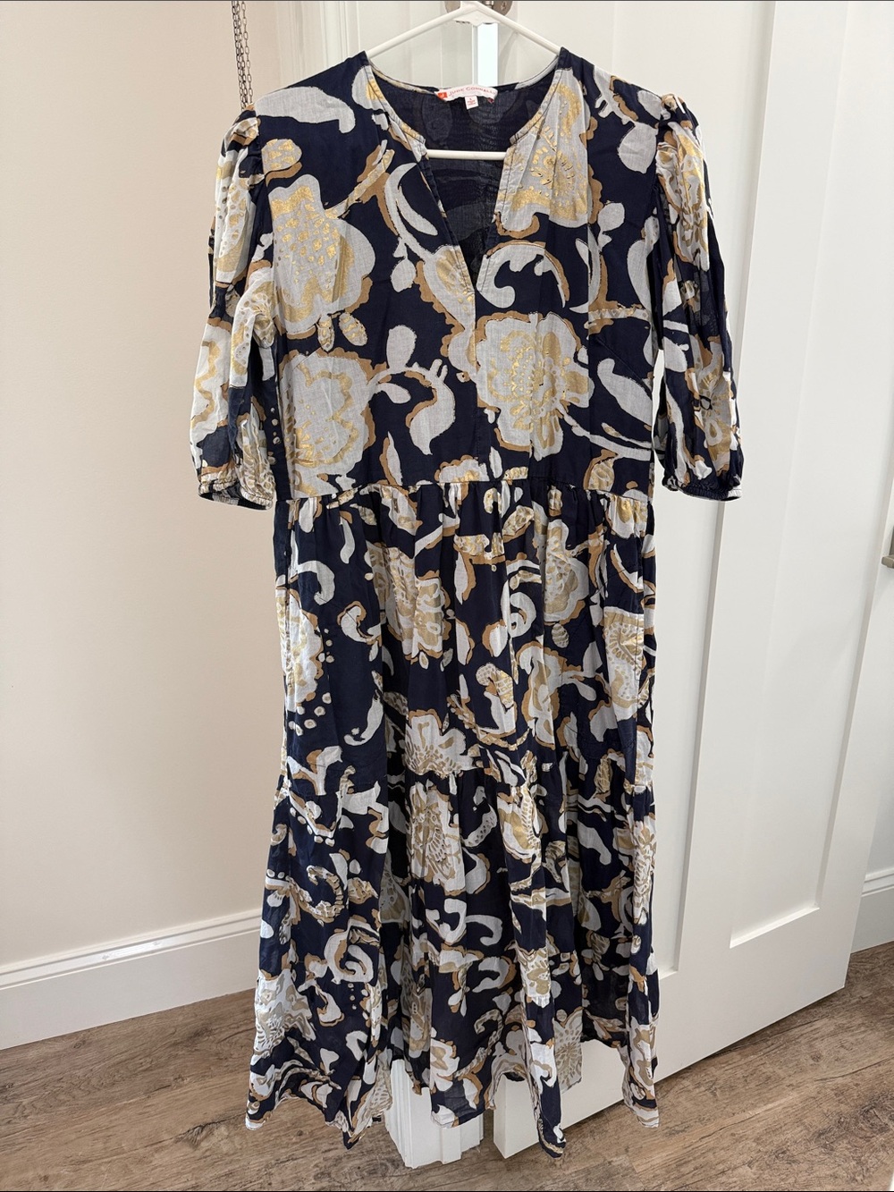 Jude Connally Navy Floral Maxi Dress with Gold and White Print
